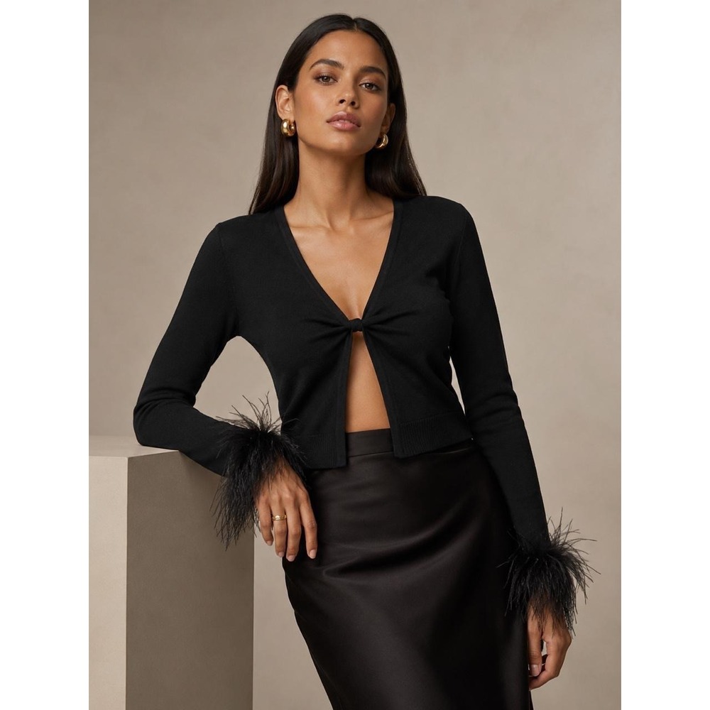 Ostrich Feather Cuff Sweater AQUAxMaeve Reilly Quiet Luxury Cropped Twist Front
